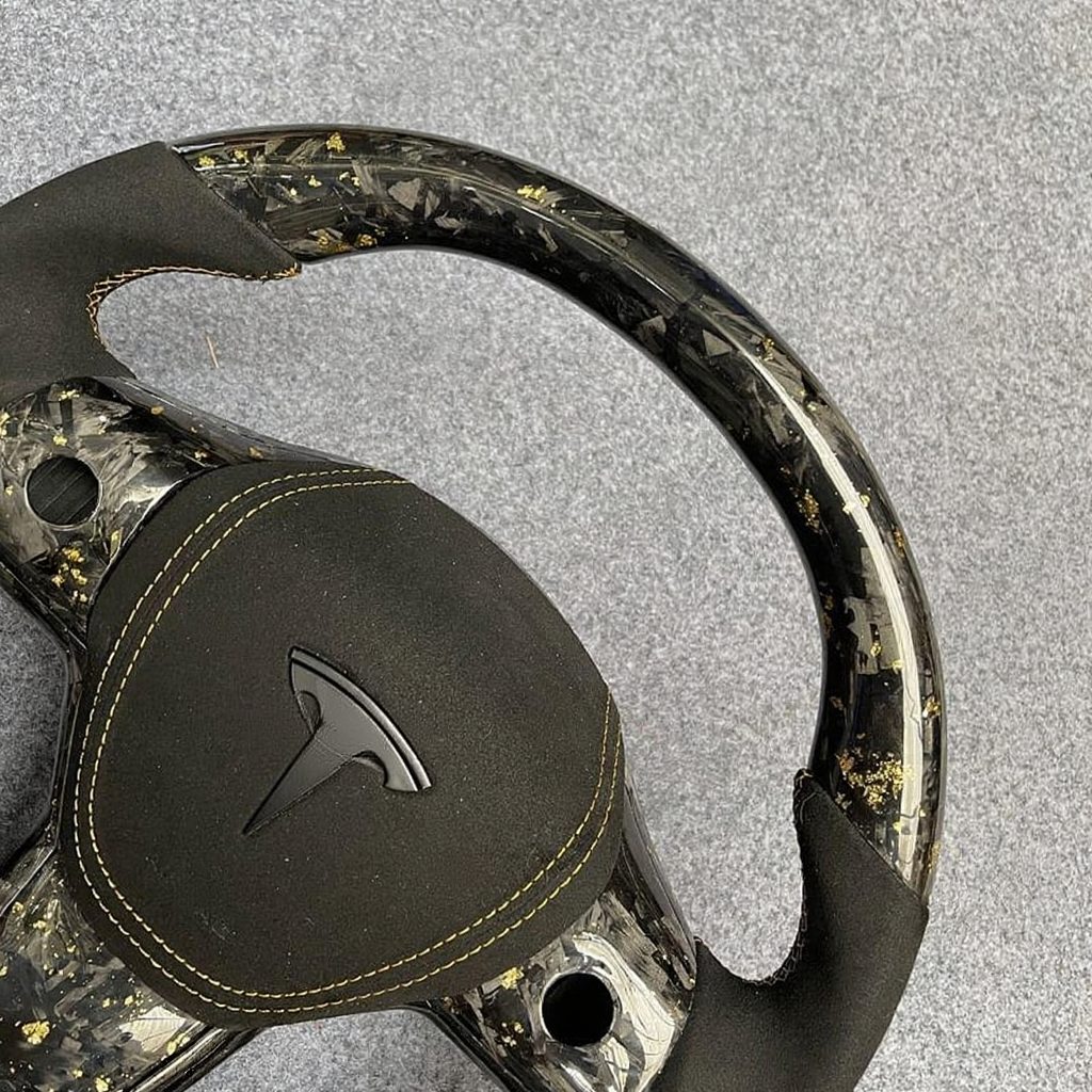 Tesla Model 3/Y 24 Karat Steering Wheel - Forged Carbon with Gold Flakes and Alcantara