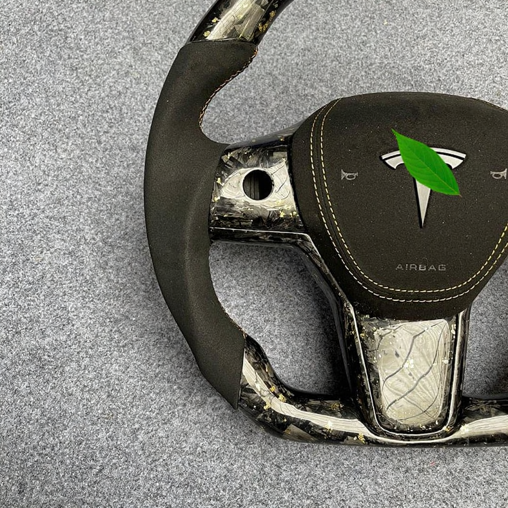 Tesla Model 3/Y 24 Karat Steering Wheel - Forged Carbon with Gold Flakes and Alcantara