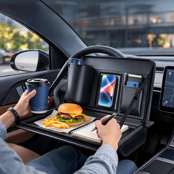 Tesla 2-in-1 Foldable Steering Wheel & Backseat Tray Organizer | Multi-Use Car Table