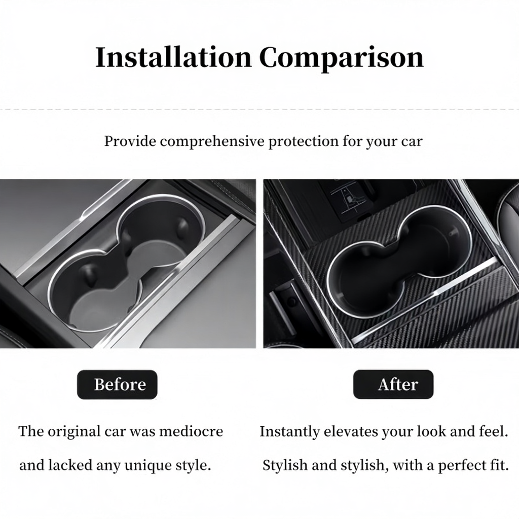 Carbon Fiber Console Cup Holder Overlay Cover for Tesla Model 3 Highland/Model Y Juniper