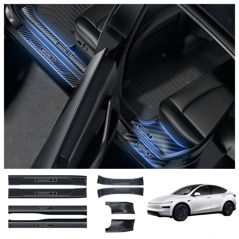 Carbon Fiber Style Front and Rear Door Sill Protector Set for Tesla Model Y Juniper Main image