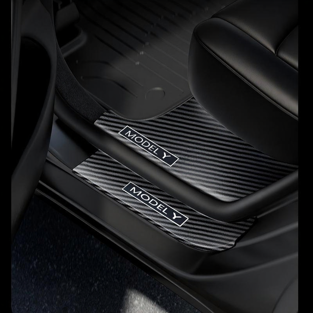 Carbon Fiber Style Front and Rear Door Sill Protector Set for Tesla Model Y Juniper