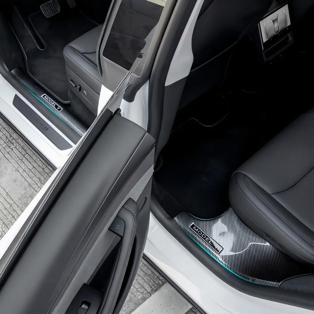 Carbon Fiber Style Front and Rear Door Sill Protector Set for Tesla Model Y Juniper