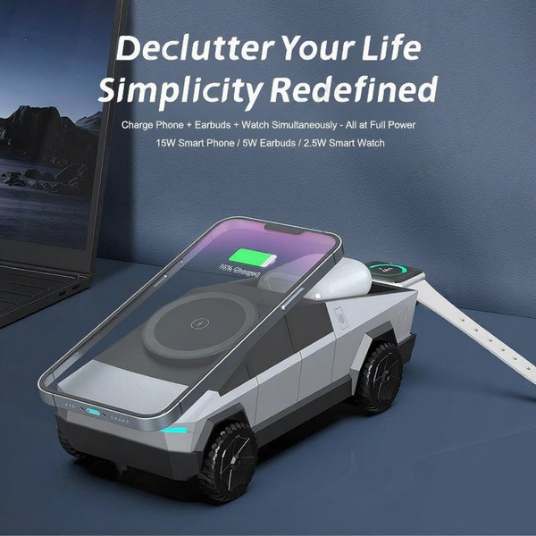 Cybertruck-Inspired 3-in-1 Wireless Charging Dock for iPhone, Apple Watch & AirPods