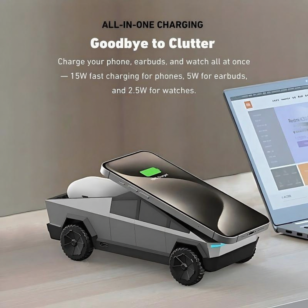 Cybertruck-Inspired 3-in-1 Wireless Charging Dock for iPhone, Apple Watch & AirPods