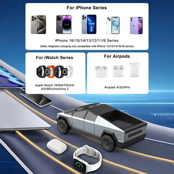 Cybertruck-Inspired 3-in-1 Wireless Charging Dock for iPhone, Apple Watch & AirPods