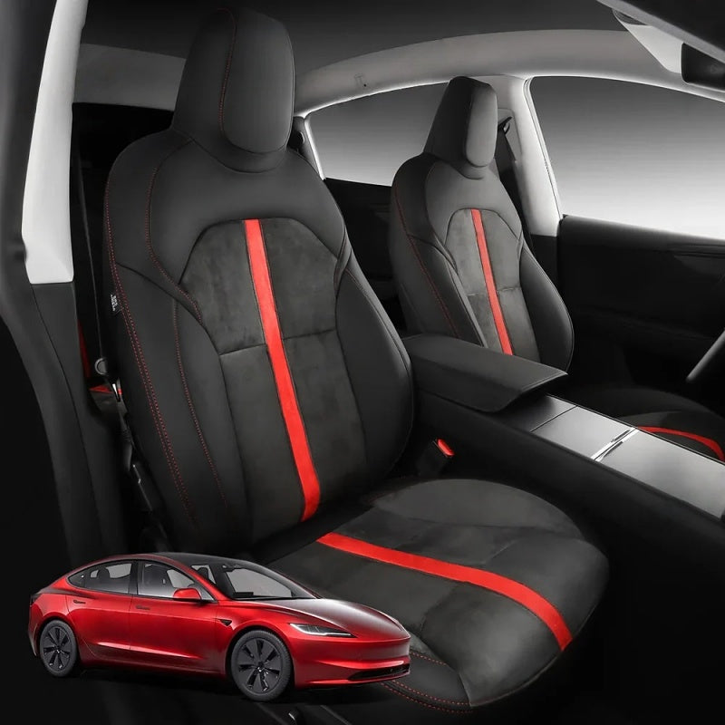Red-Stitched Alcantara All-Inclusive Seat Covers for Tesla Model 3 Highland/Model Y Juniper Secondary image