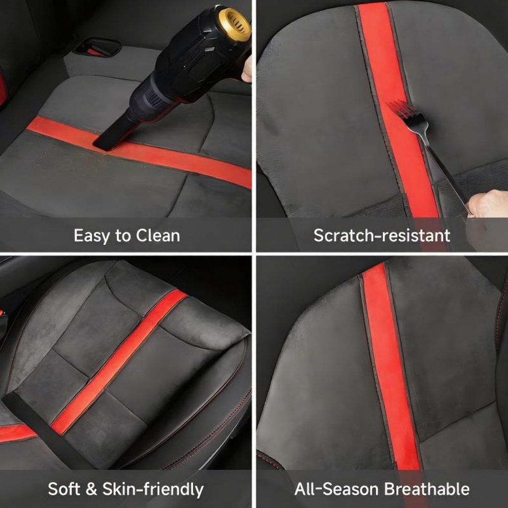 Red-Stitched Alcantara All-Inclusive Seat Covers for Tesla Model 3 Highland/Model Y Juniper
