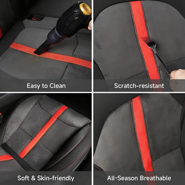 Red-Stitched Alcantara All-Inclusive Seat Covers for Tesla Model 3 Highland/Model Y Juniper