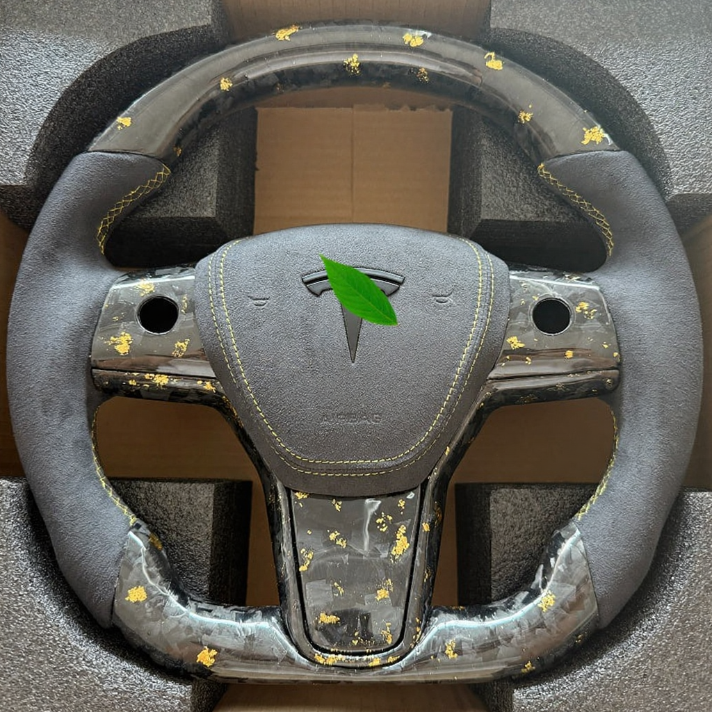 Tesla Model 3/Y 24 Karat Steering Wheel - Forged Carbon with Gold Flakes and Alcantara