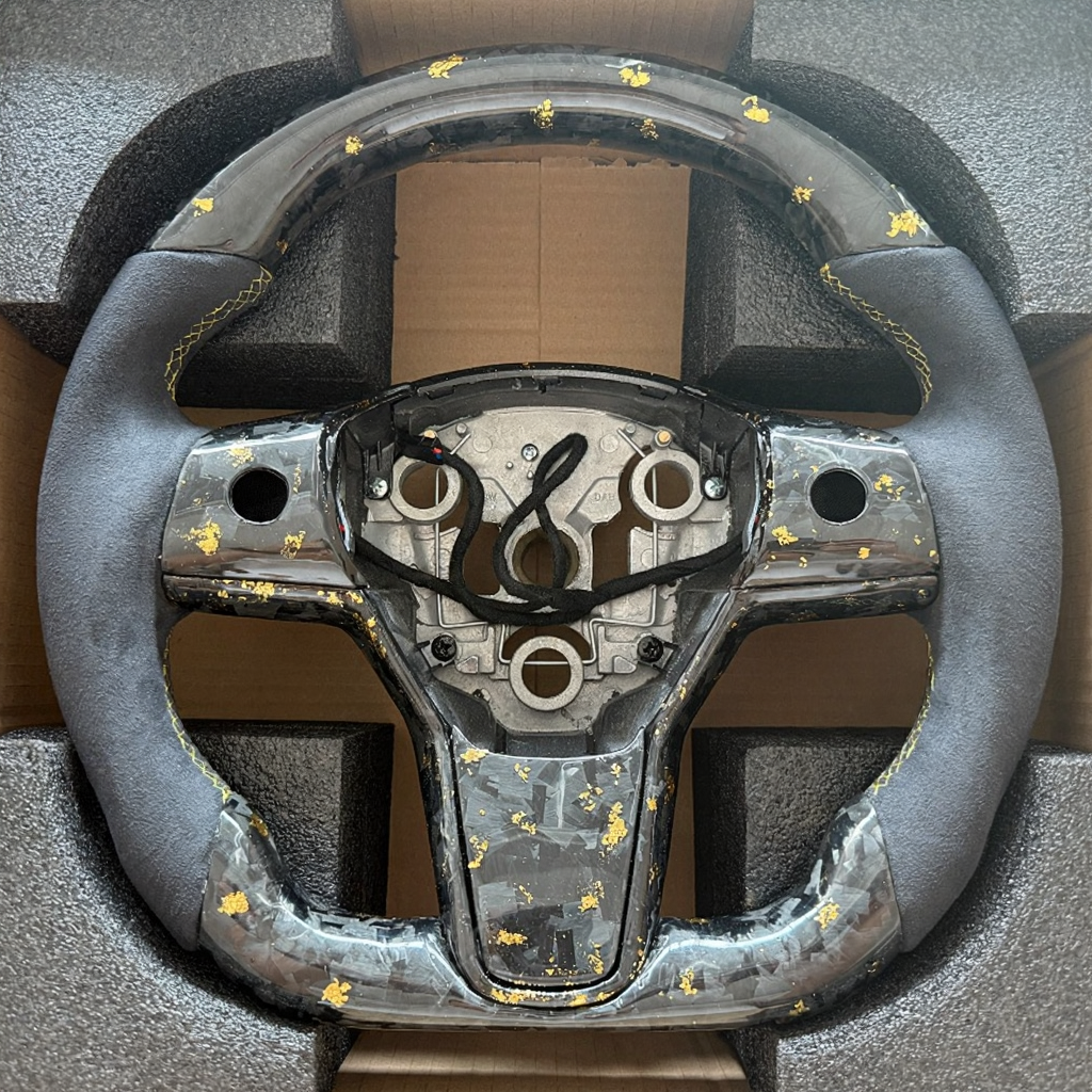 Tesla Model 3/Y 24 Karat Steering Wheel - Forged Carbon with Gold Flakes and Alcantara