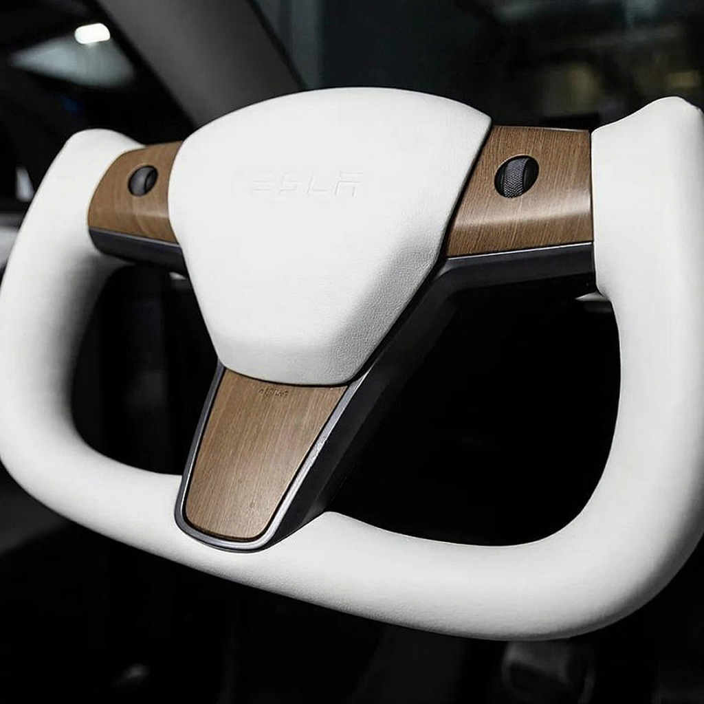 Tesla Model Y White Yoke Steering Wheel In Wood Grain With Nappa Secondary image