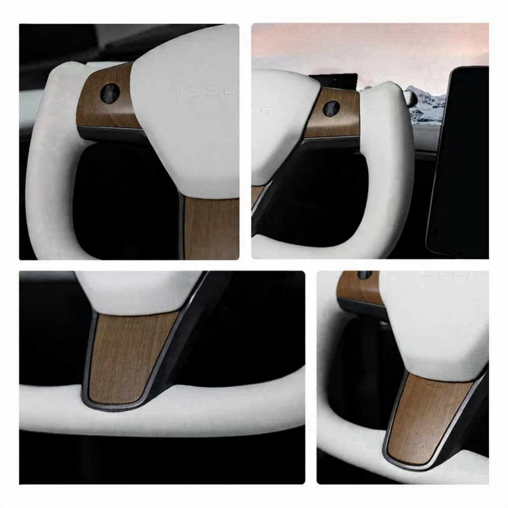 Tesla Model Y White Yoke Steering Wheel In Wood Grain With Nappa