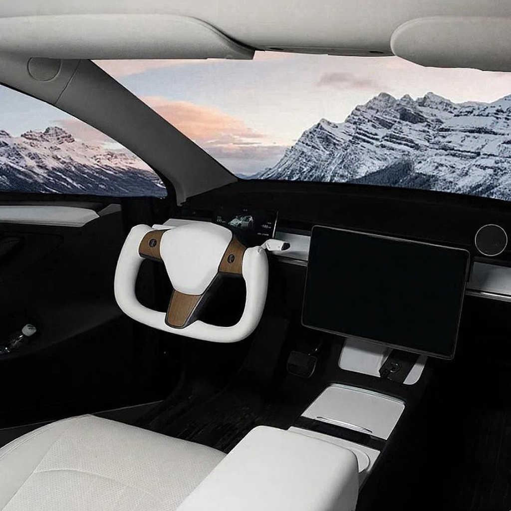Tesla Model Y White Yoke Steering Wheel In Wood Grain With Nappa