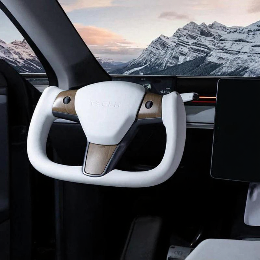 Tesla Model Y White Yoke Steering Wheel In Wood Grain With Nappa