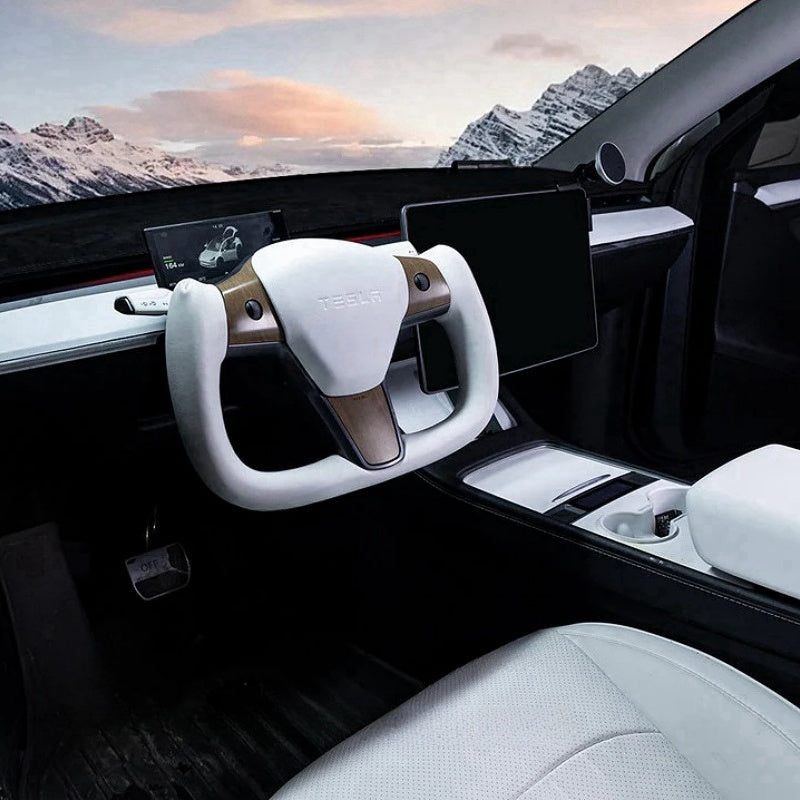 Tesla Model Y White Yoke Steering Wheel In Wood Grain With Nappa
