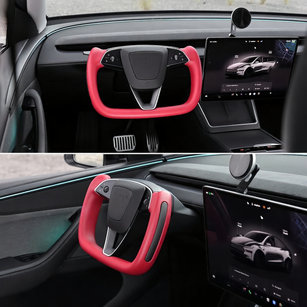 Yoke Nappa Leather Side Carbon Fiber Red Driving Wheel for Tesla Model 3 Highland/Model Y Juniper