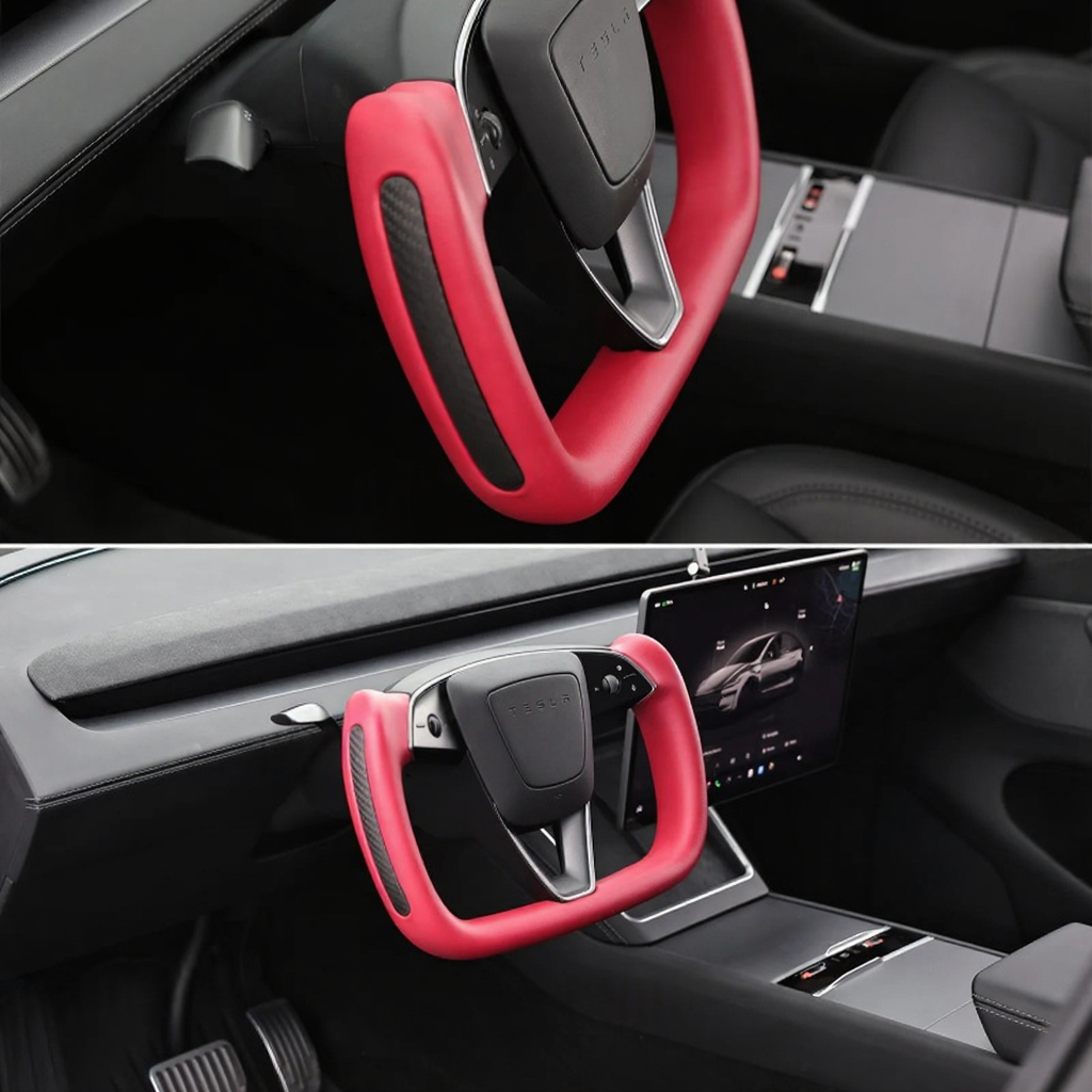 Yoke Nappa Leather Side Carbon Fiber Red Driving Wheel for Tesla Model 3 Highland/Model Y Juniper