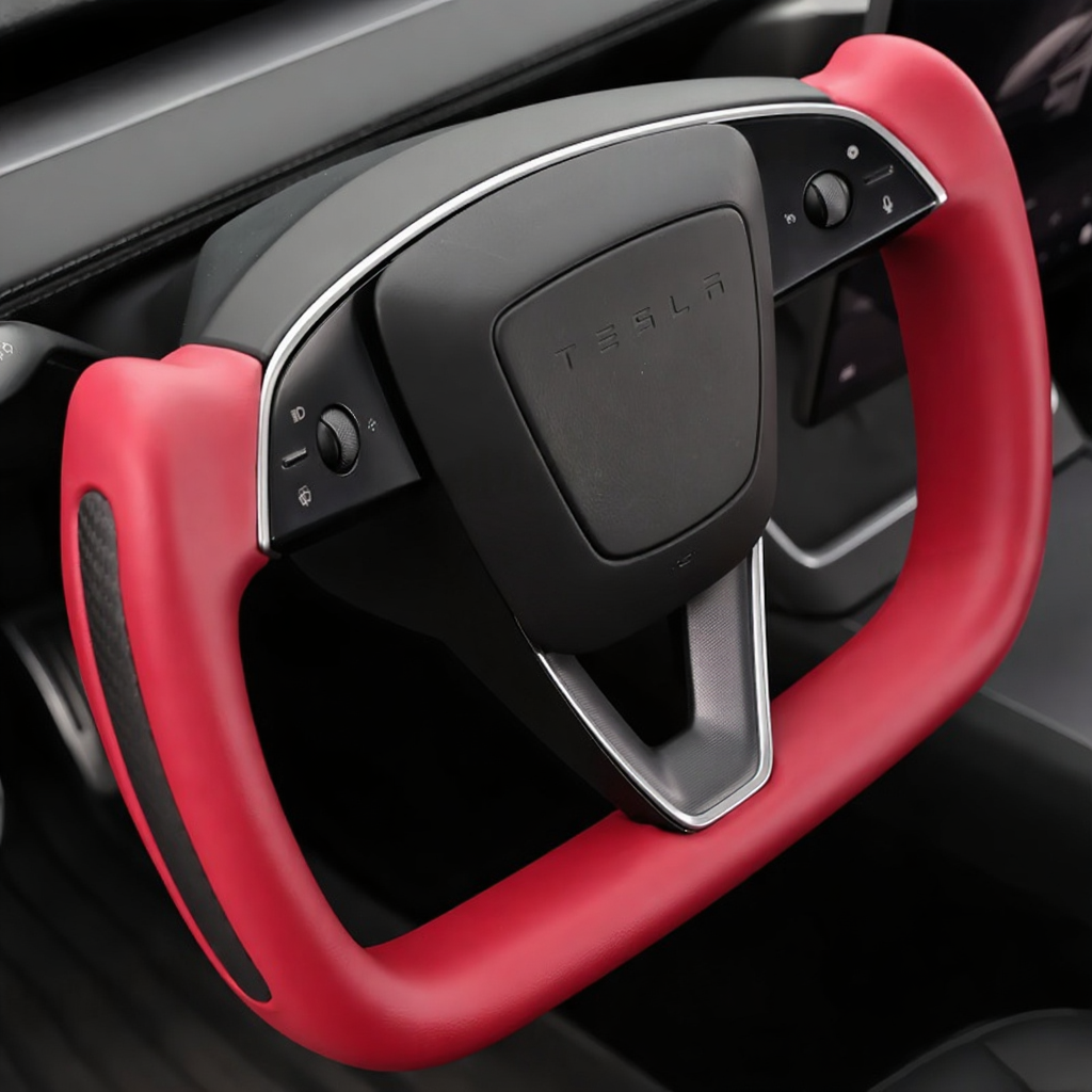 Yoke Nappa Leather Side Carbon Fiber Red Driving Wheel for Tesla Model 3 Highland/Model Y Juniper