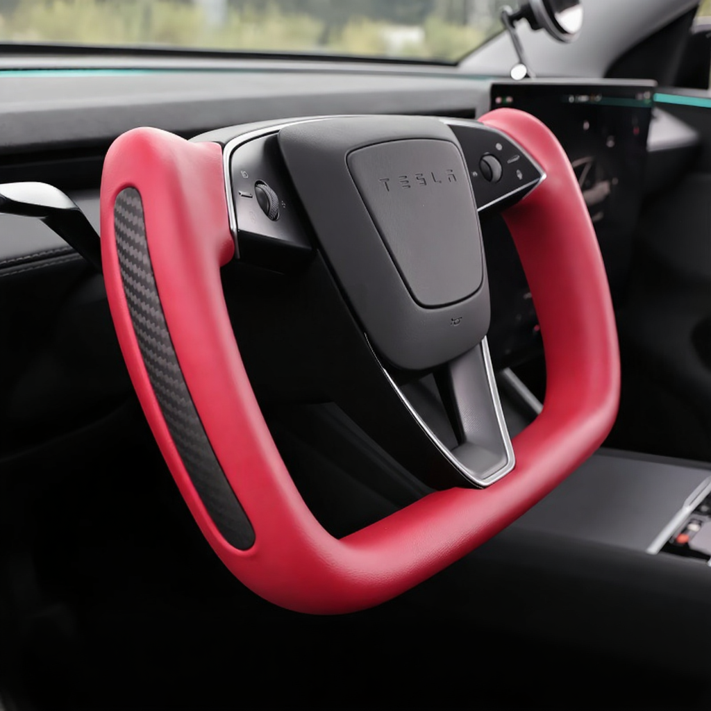 Yoke Nappa Leather Side Carbon Fiber Red Driving Wheel for Tesla Model 3 Highland/Model Y Juniper