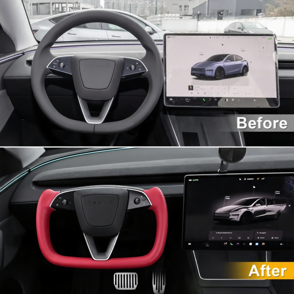 Yoke Nappa Leather Side Carbon Fiber Red Driving Wheel for Tesla Model 3 Highland/Model Y Juniper