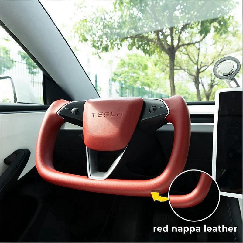 Tesla Model 3 Highland/Y Juniper Yoke Steering Wheel With Full Red Nappa Leather