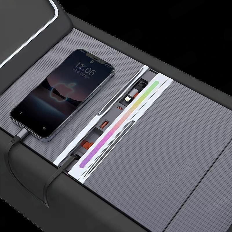 Retractable Fast Charging USB Hub Dock with Ambient Light for Tesla Model 3 Highland/Model Y Juniper