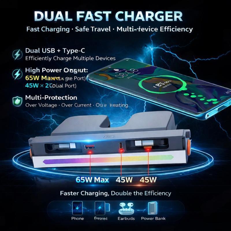 Retractable Fast Charging USB Hub Dock with Ambient Light for Tesla Model 3 Highland/Model Y Juniper