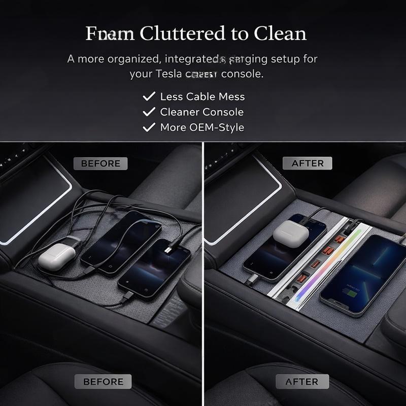 Retractable Fast Charging USB Hub Dock with Ambient Light for Tesla Model 3 Highland/Model Y Juniper